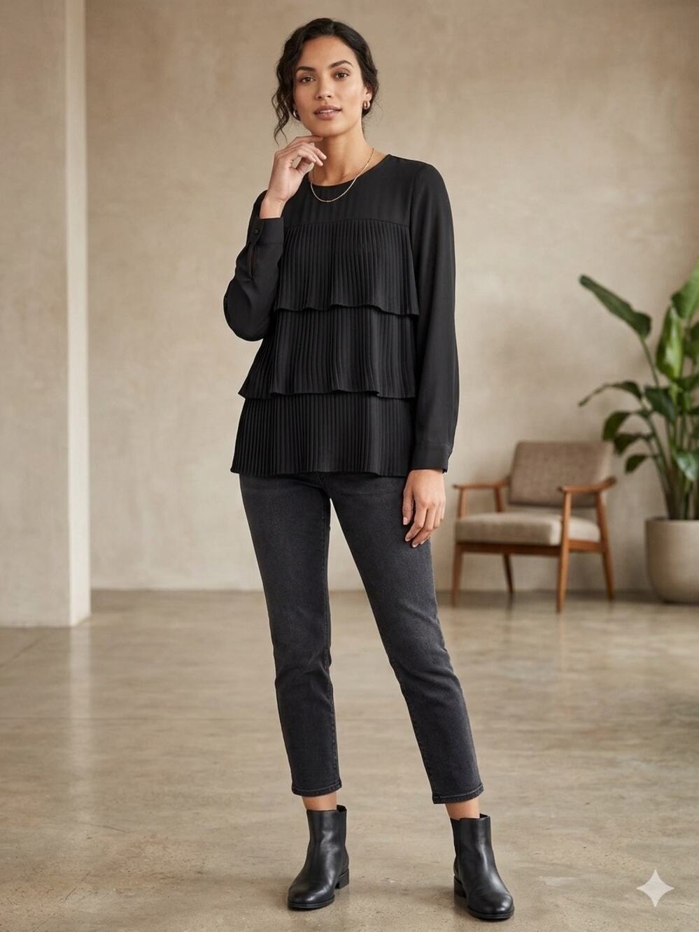 J. Jill Black Pleated Tiered Long Sleeve Blouse Top Chiffon Medium